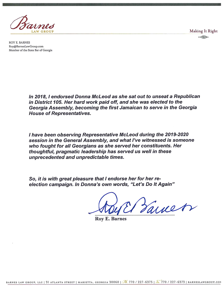 Roy Barnes endorsement letter